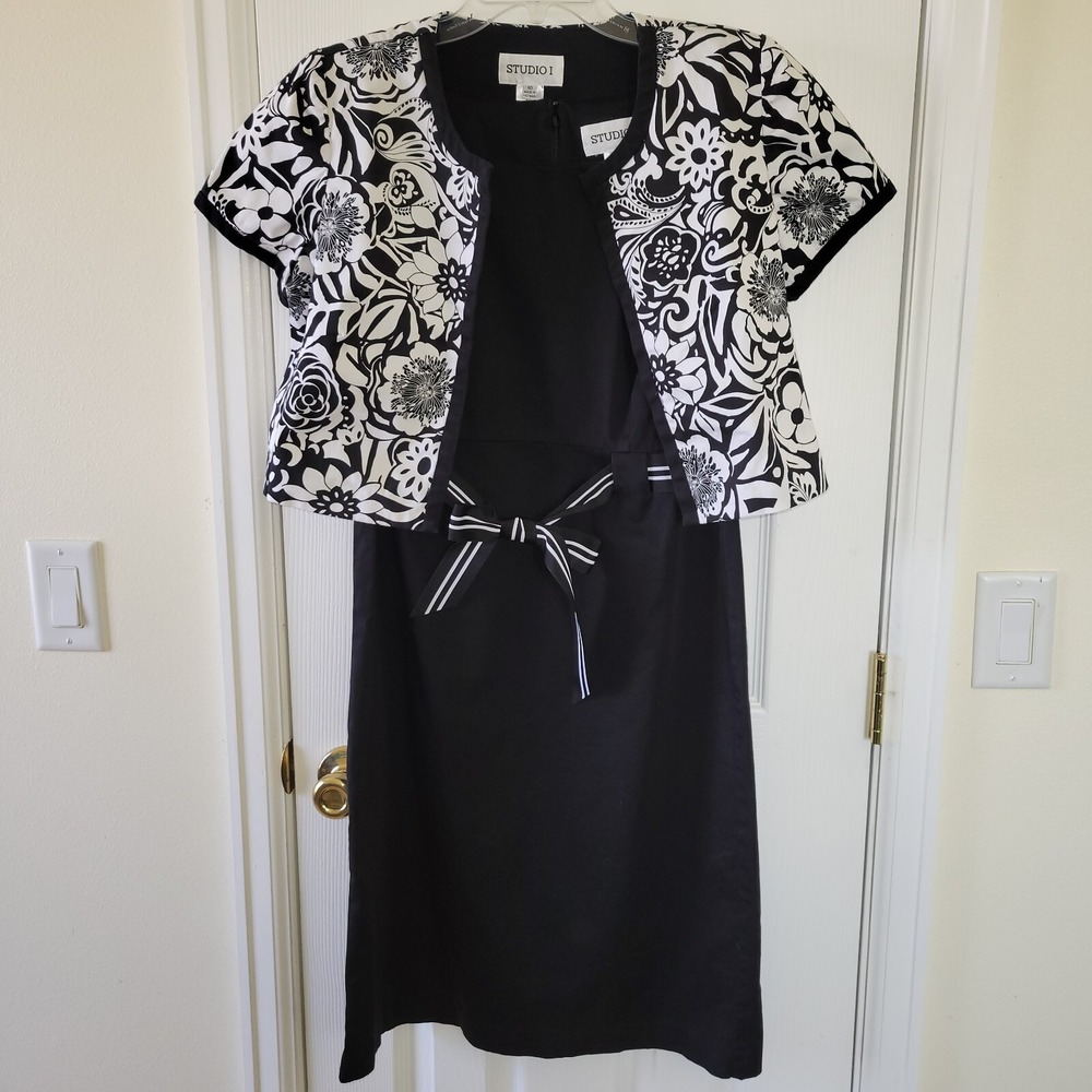 Studio 1 Sz 10 Jacket Dress Black And White Sleeveless Shortsleeve Zip Sash Crop